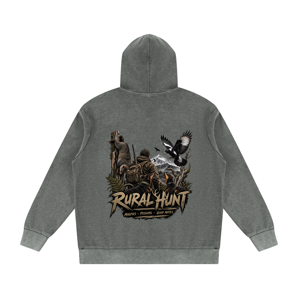 Rural Hunt – Magpies & Possums Mineral Wash Oversized Hoodie
